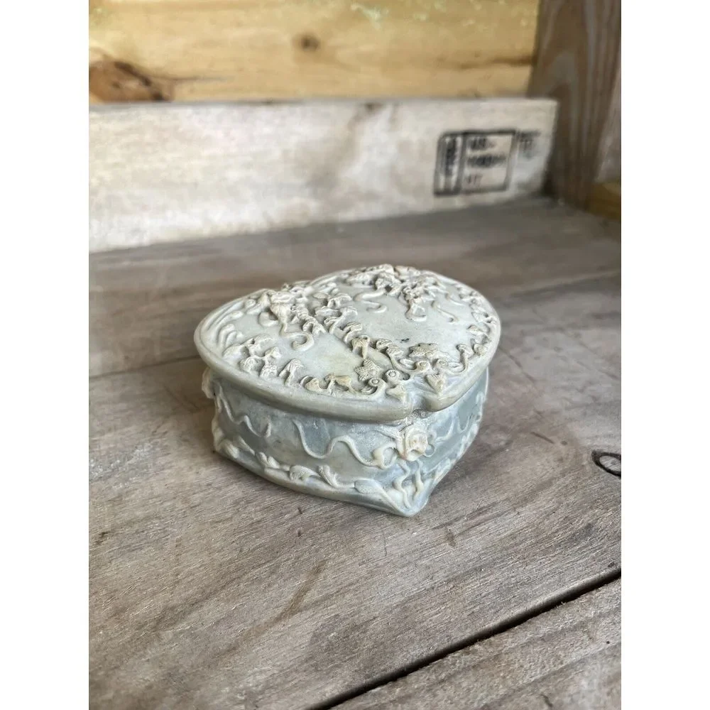 Vintage Genuine Incolay Blue Green Stone Heart Shape /Roses  Jewelry Trinket Box